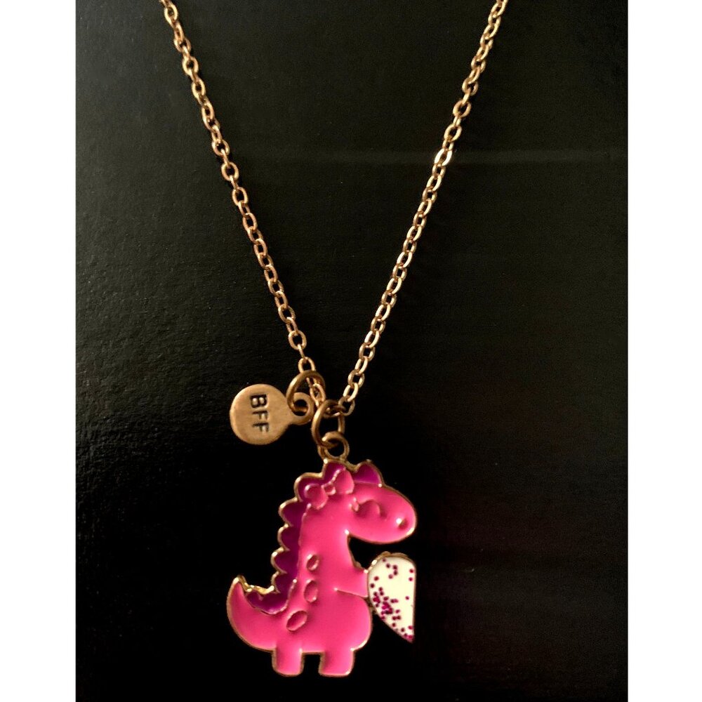 Vintage ARDENE BFF Fashion Necklace Pink Dino Pendant 15 in. + 3 in. extender - Picture 3 of 5